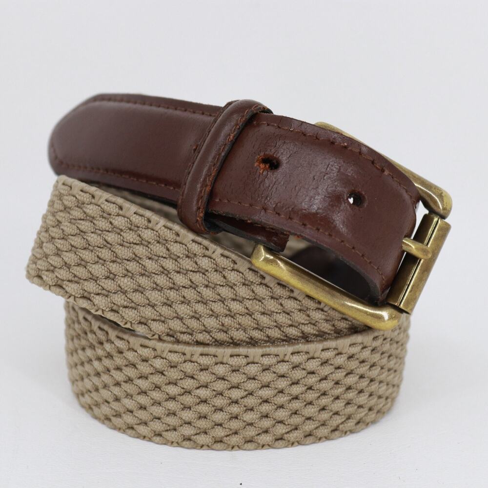 Web Belt Women Medium Khaki Nylon Leather Trim Adjust Buckle